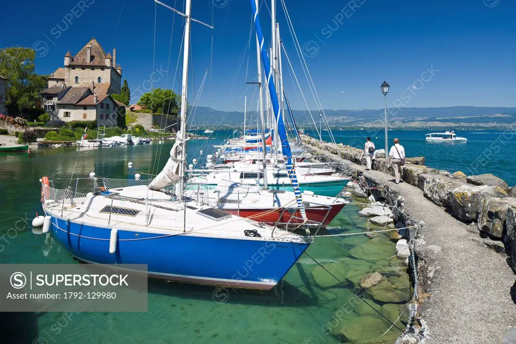 France, Haute Savoie, Yvoire, Leman Lake, labelled Les Plus Beaux Villages de France the Most Beautiful Villages of France, the marina and the Castle ...