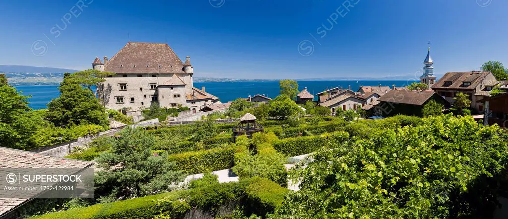 France, Haute Savoie, Yvoire, Leman Lake, labelled Les Plus Beaux Villages de France the Most Beautiful Villages of France, church steeple with onion ...