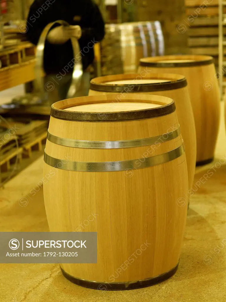 France, Cote d´Or, Beaune, feature: the Cooperage, Tricolored Fire, barrels during bending operation