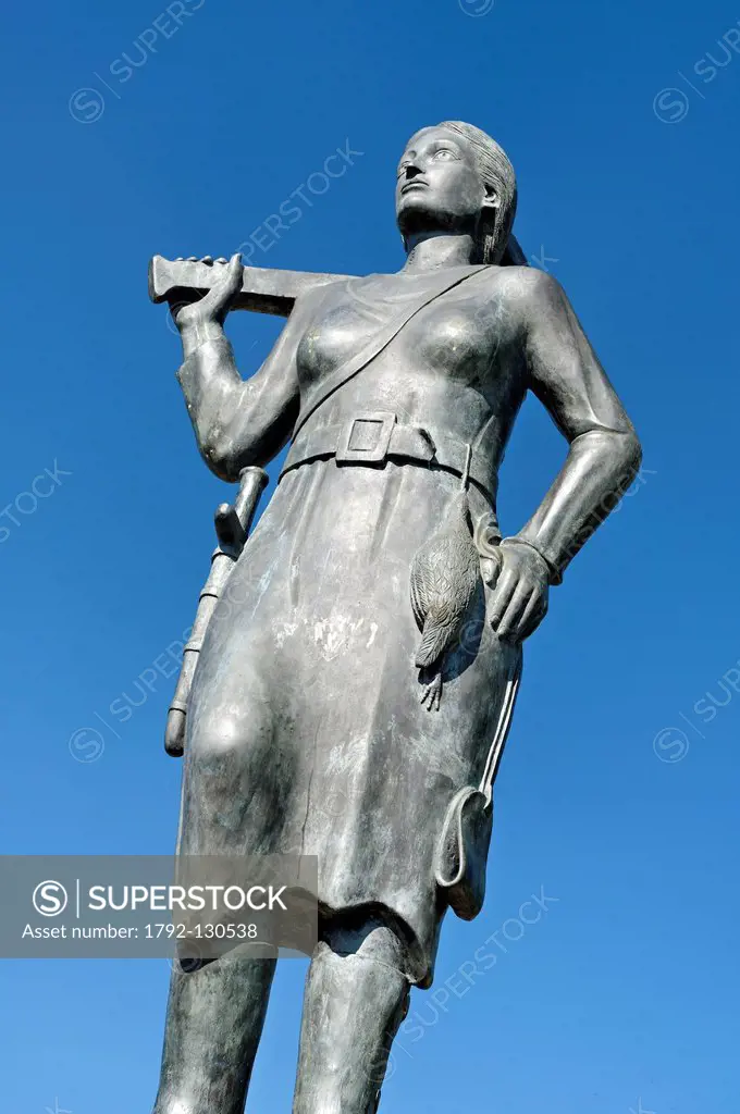 Spain, Extremadura, Garganta la Olla, Statue of Serrana de la Vera, a mythical woman in the supernatural power that attracted men in his cave to kill ...
