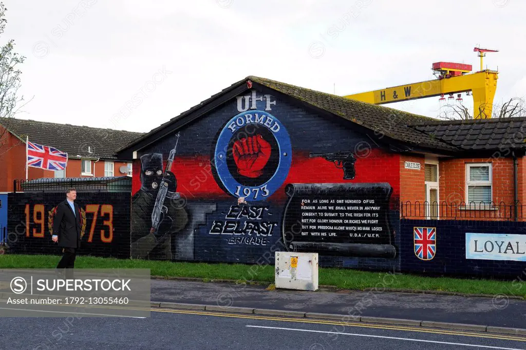 United Kingdom, Northern Ireland, East Belfast, protestant loyalist districts of Newtownards road, political wall paintings to the glory of Loyalist m...