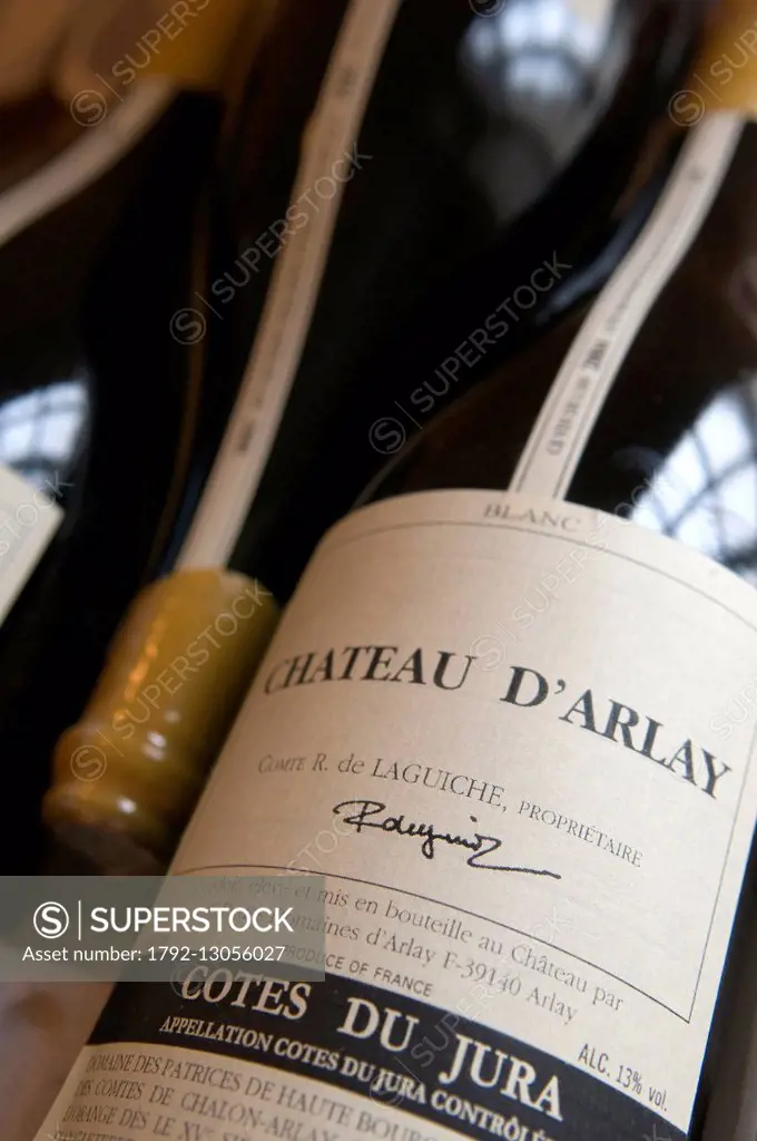 France, Jura, Arlay, castle of Arlay, detail of a bottle of wine