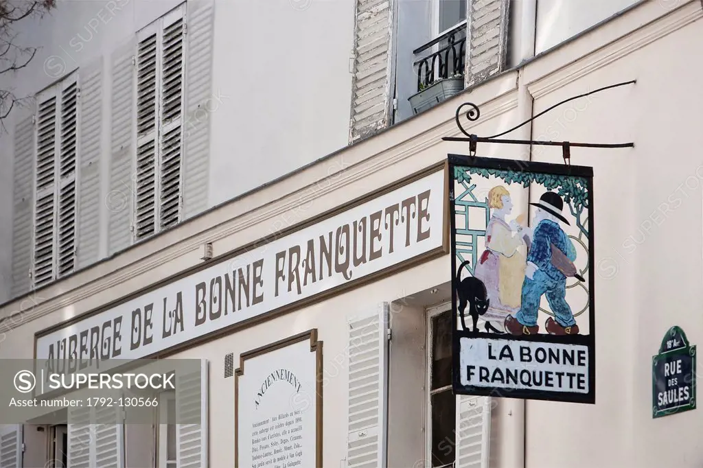 France, Paris, the Butte Montmartre, faade and sign of the restaurant La Bonne Franquette on Saules street