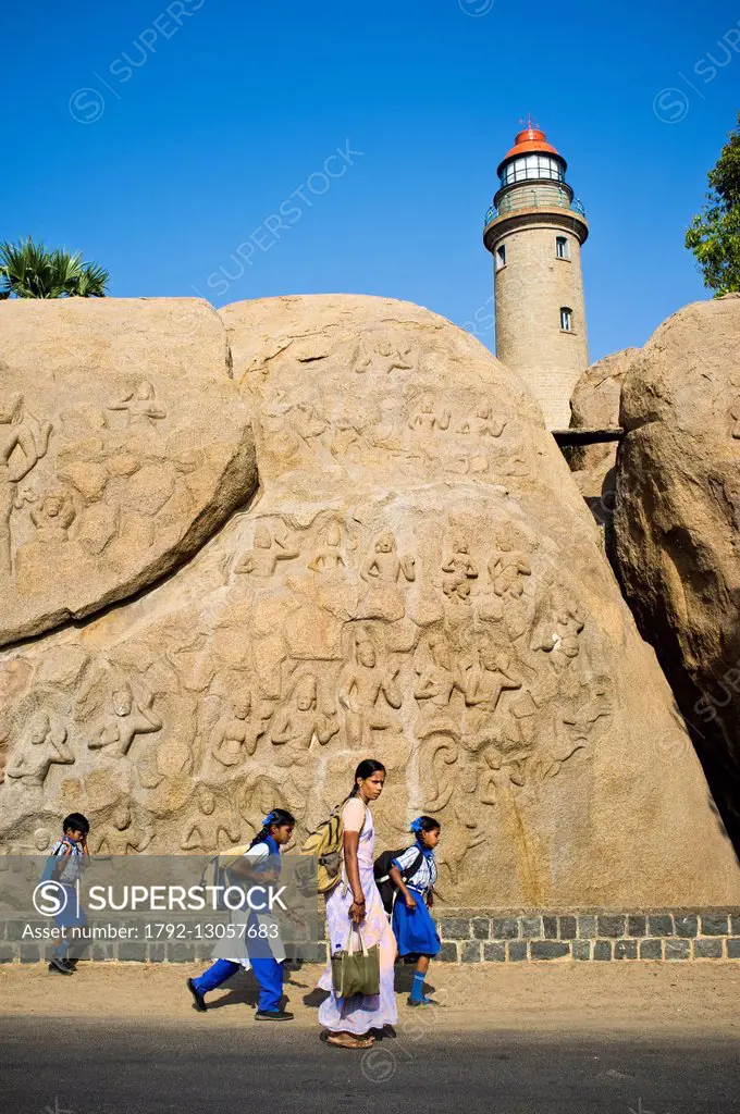 India, Tamil Nadu State, Mahabalipuram (or Mamallapuram), the rough outline of the Descent of the Ganges (also called Arjuna's Penance), a 7th century...