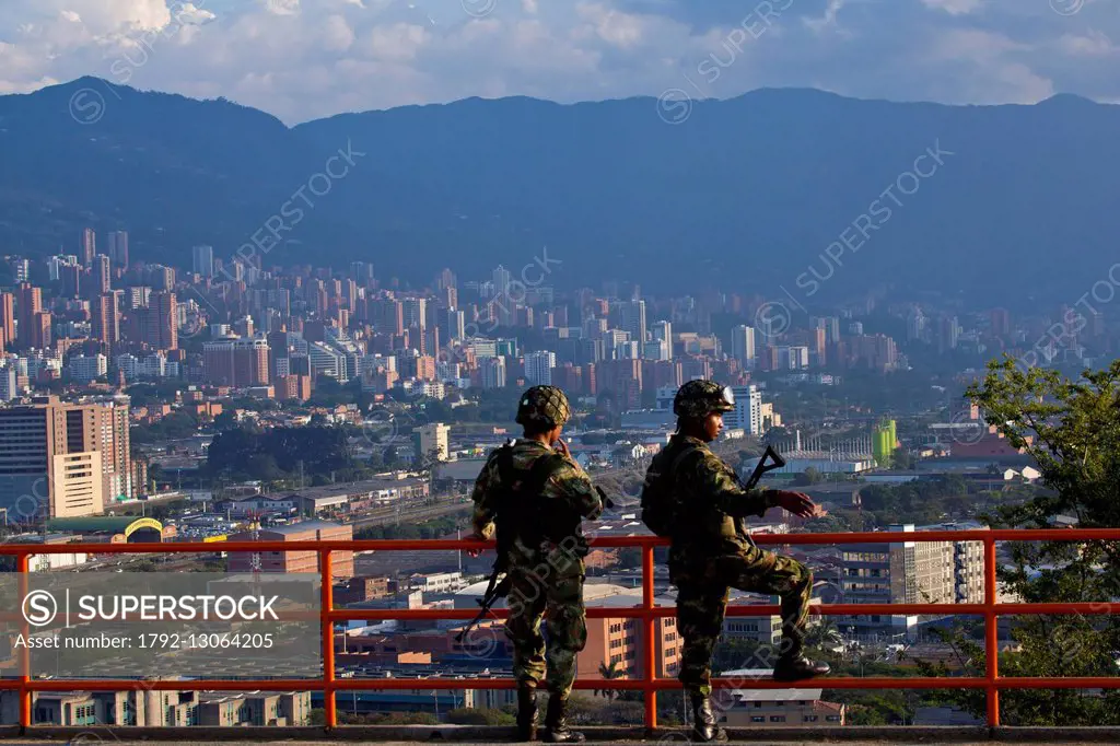 Colombia, Antioquia Department, Medellin, view on the city from the viewpoint of Pueblito Paisa, watched by the army