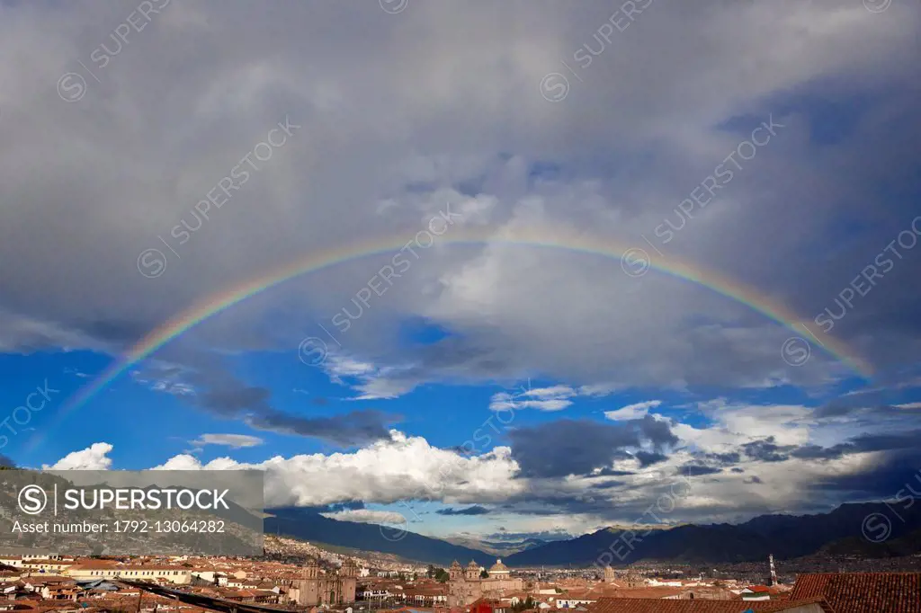 Peru, Cuzco Province, Cuzco, listed as World Heritage by UNESCO, rainbow sky above the historic center