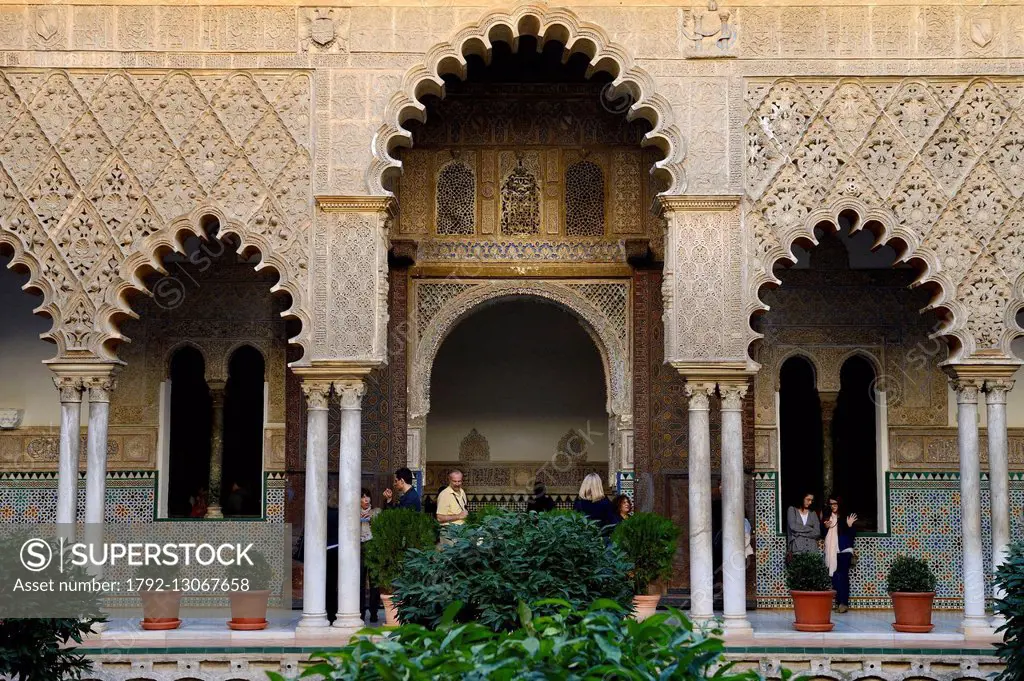 Spain, Andalusia, Seville, the Alcazar of Seville (Reales Alcazares de Sevilla), listed as World Heritage by UNESCO, the Courtyard of the Maidens (Pat...