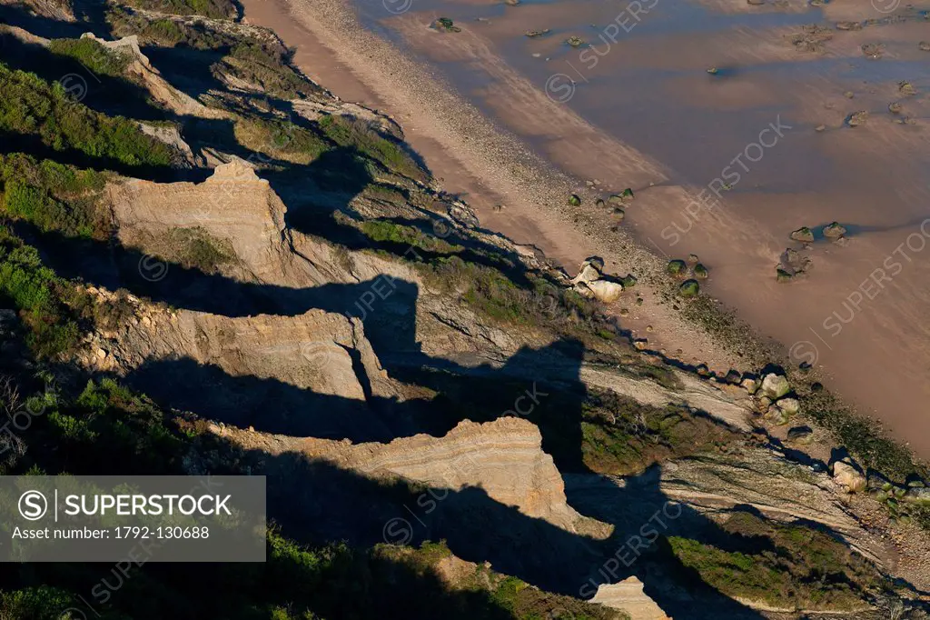 France, Calvados, Auberville, cliffs of the Vaches Noires, remarkable relief consisting of chalk and clay rich fossils aerial view