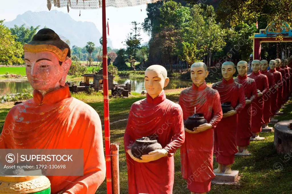 Myanmar Burma, Karen state, Hpa An, monks procession statues