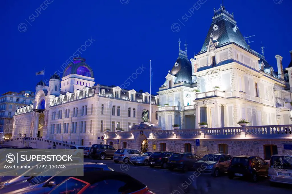 France, Haute Savoie, Chablais, Evian les Bains, the city hall and Le Palais Lumiere, conference hall housed in the fordans, les old thermal baths dat...