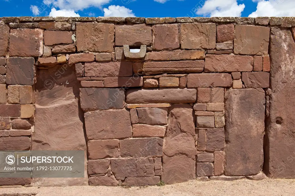 Bolivia, La Paz Department, Tiwanaku Pre-Inca archeological site, listed as World Heritage by UNESCO, stonewall of Kalassaya temple, Astronomical obse...