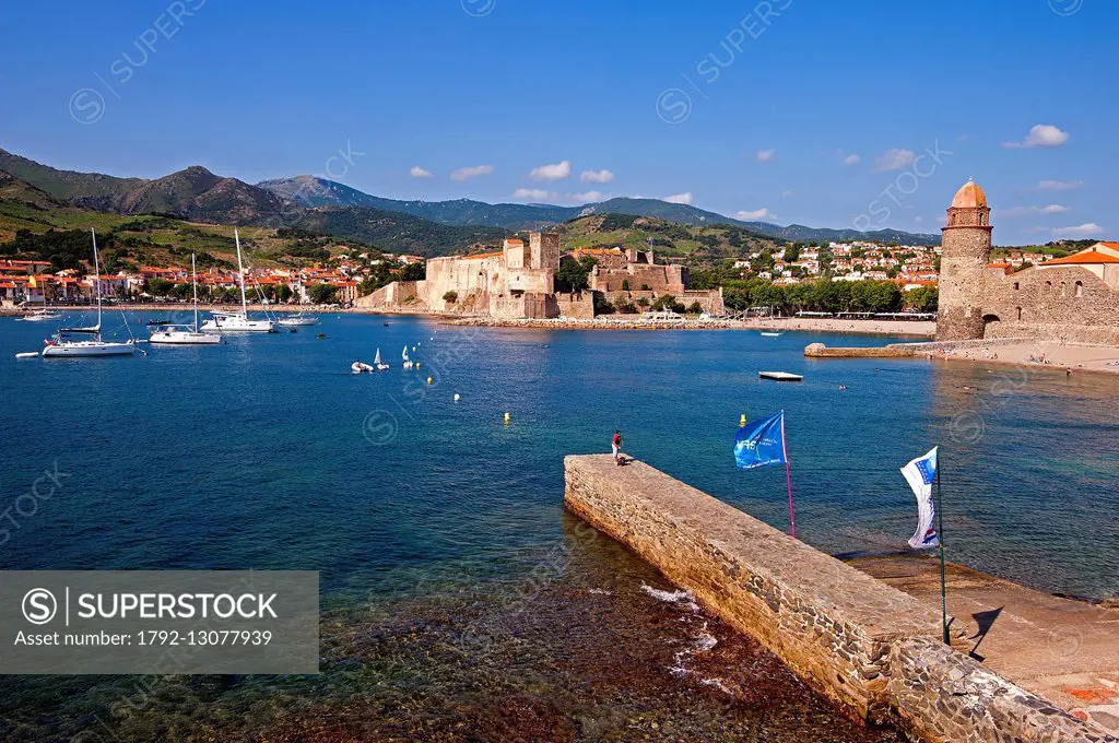 France, Pyrenees Orientales, Cote vermeille, Collioure, the harbour, Notre Dame des Anges (Our Lady of the Angels church) and the Royal Castle built b...
