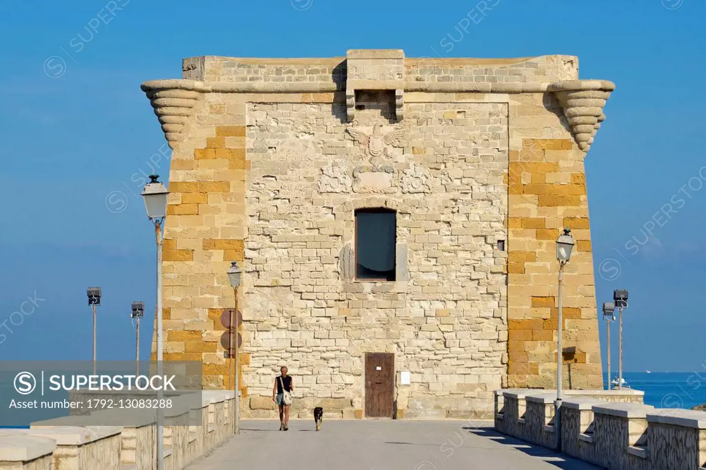 Italy, Sicily, Trapani, historic center, Ligny Tower of the 17th century, defensive fortress square stone built on rocks at the end of the pier