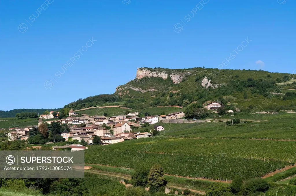 France, Saone et Loire, Solutre Pouilly, Solutre rock, Solutre Pouilly village and Macon vineyard