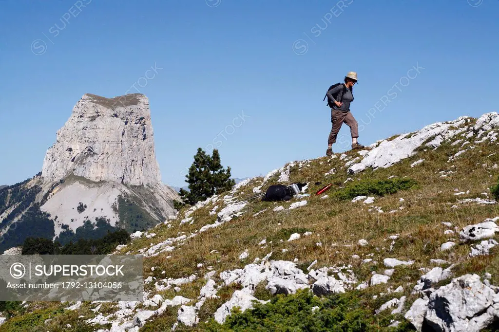 France, Isere, Parc Naturel Regional du Vercors (Natural regional park of Vercors), female hiker on the high plateaus of Vercors
