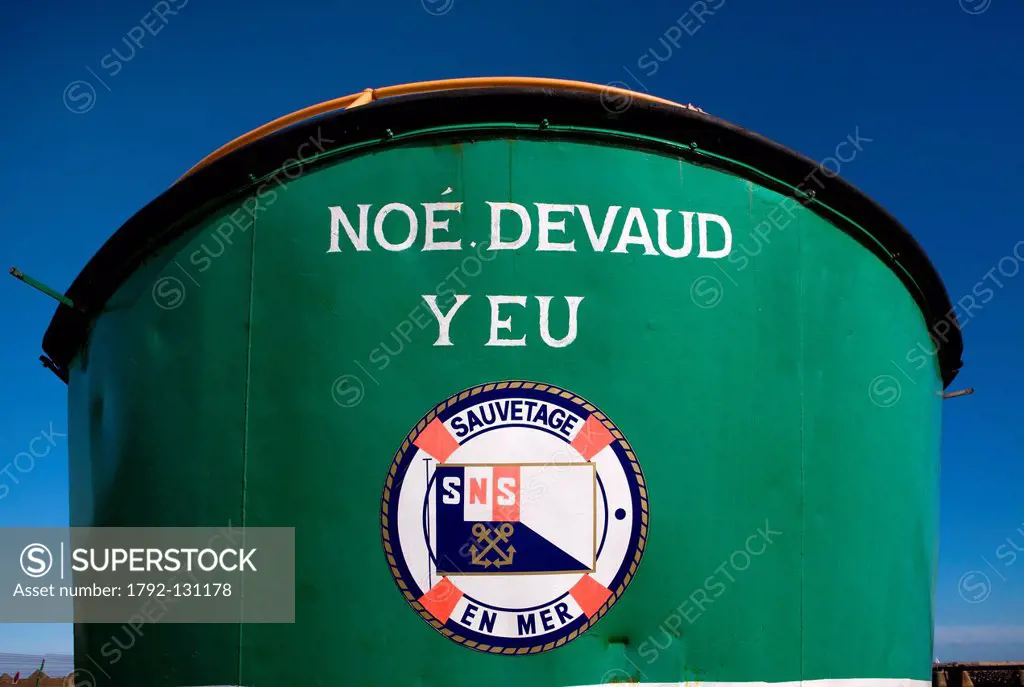 France, Vendee, Ile d´Yeu, Port Joinville, logo of the SNS National Society for Sea Rescue