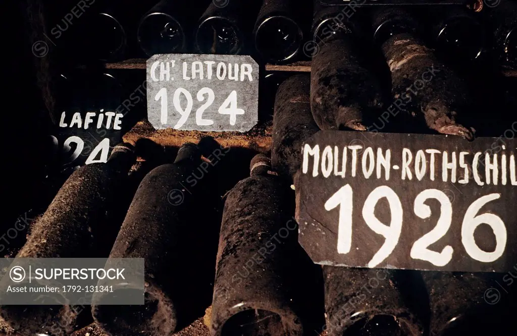 France, Gironde, Bordeaux Wine Region, Chateau Margaux, wine cellar, vintage bottles collection
