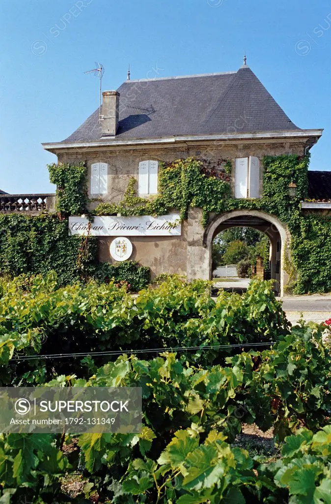 France, Gironde, Bordeaux Wine Region, Chateau Prieure Lichine, vineyard and entrance of the castle