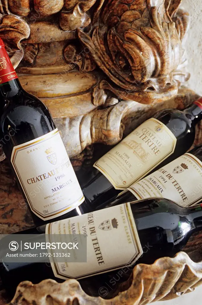 France, Gironde, Bordeaux Wine Region, Margaux, Chateau du Tertre, vintage bottles