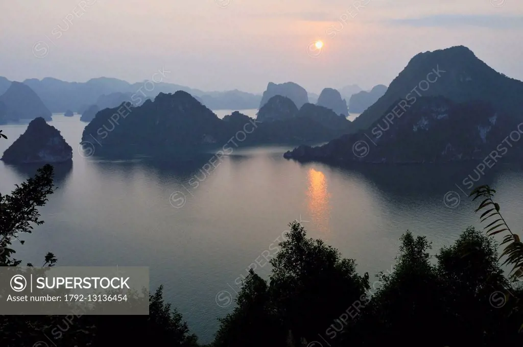 Vietnam, Quang Ninh Province, Halong Bay listed as World Heritage by UNESCO, karstic rocks at Ti Top site (aerial view)