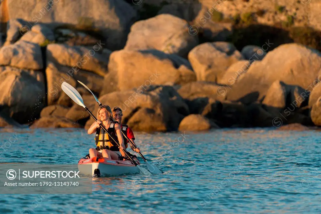 France, Finistere, Brignogan Beaches, kayak on the point of Beg Pol