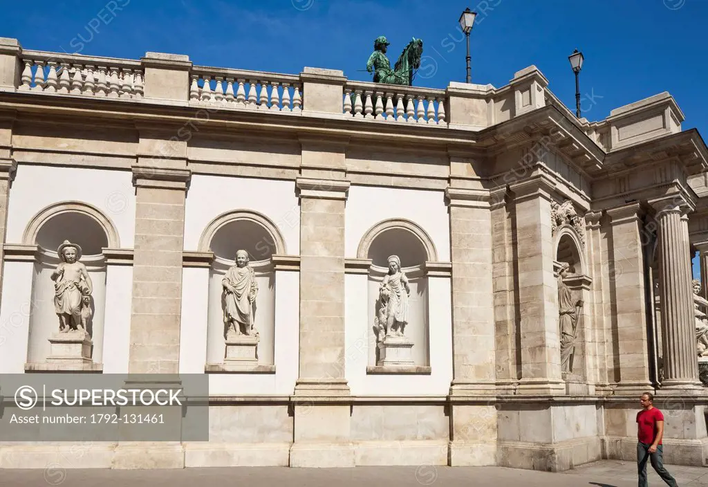 Austria, Vienna, historic center listed as World Heritage by UNESCO, Albertinaplatz, stem wall of the Albertina Museum with its sculptures, and the eq...