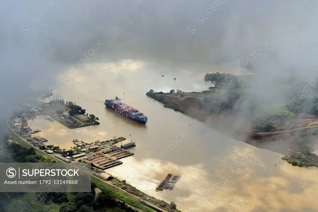 Panama, Panama Canal at Gamboa, Panamax container cargo (aerial view)