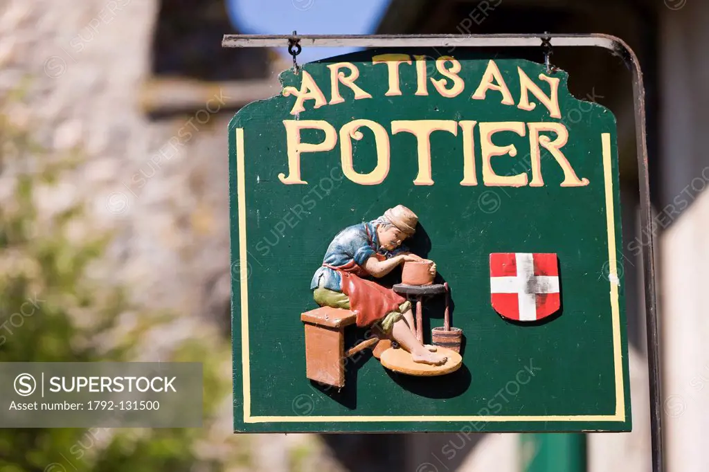 France, Haute Savoie, Le Chablais, Yvoire, labeled Les Plus Beaux Villages de France the Most Beautiful Villages of France, potter worshop´s sign