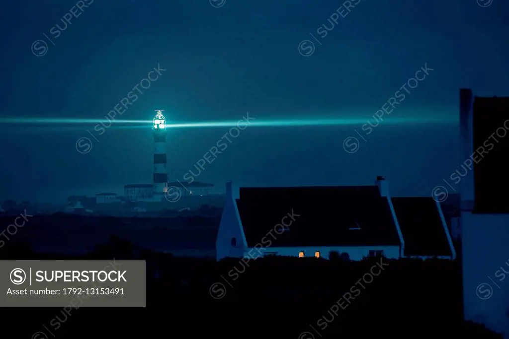 France, Finistere, Ouessant island, night view from the west of the island and the lighthouse Creac'h