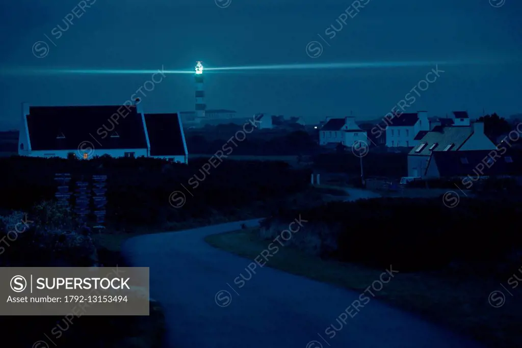 France, Finistere, Ouessant island, night view from the west of the island and the lighthouse Creac'h