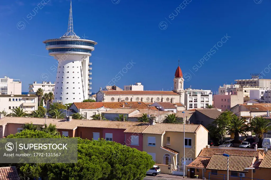 France, Herault, Palavas Les Flots, the former water tower converted into the Phare de la Mediterranee Watch tower