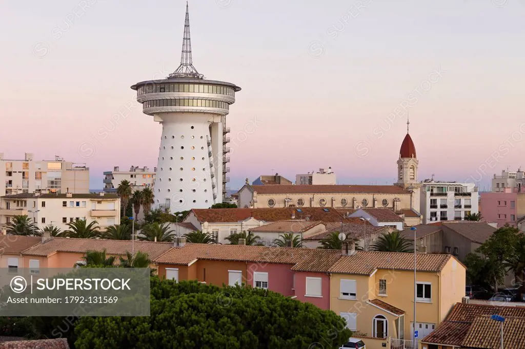 France, Herault, Palavas Les Flots, the former water tower converted into the Phare de la Mediterranee Watch tower