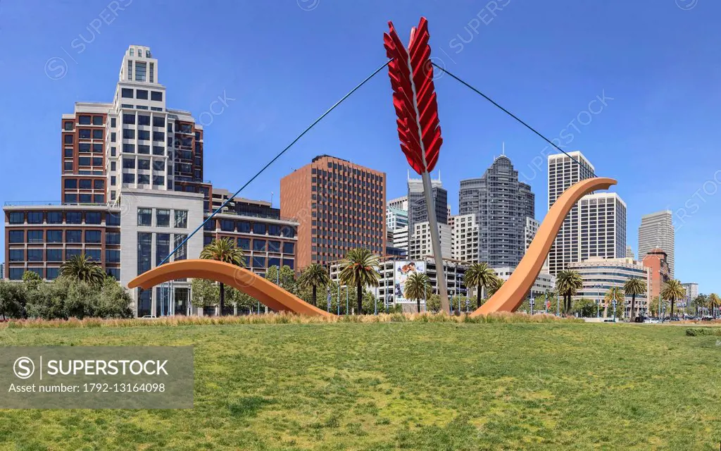 United States, California, San Francisco, Rincon Park, public sculpture Cupid's Span by Claes Oldenburg and Coosje van Bruggen with the San Francisco ...