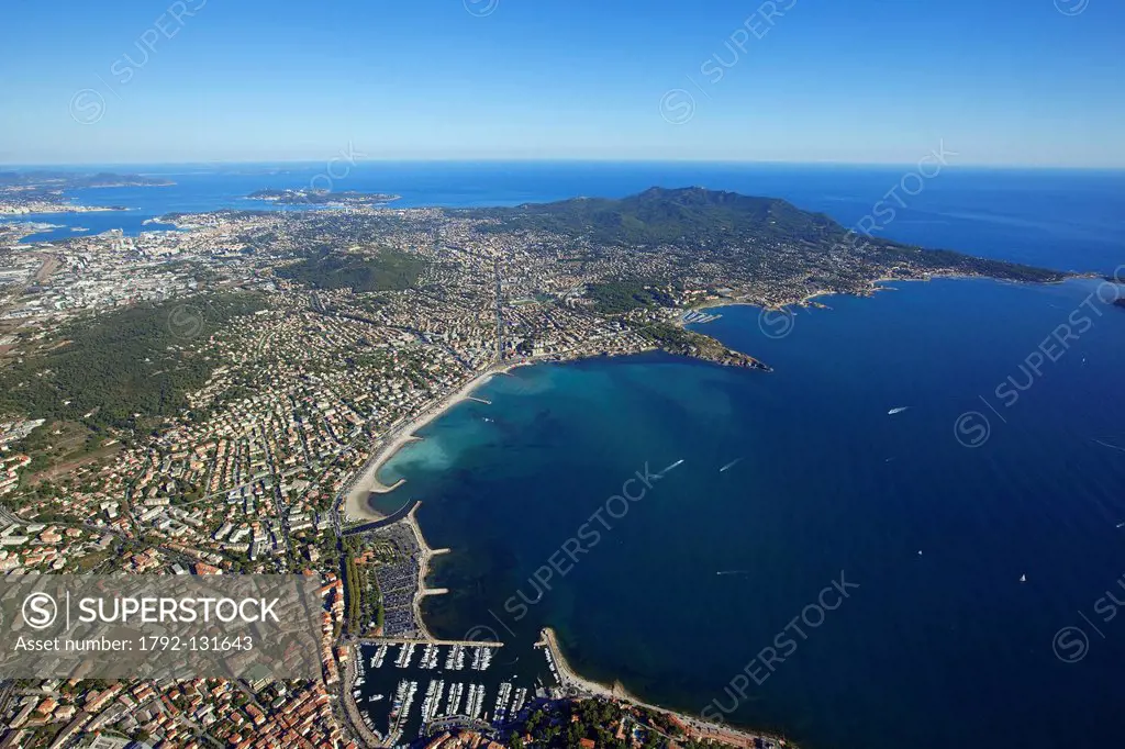 France, Var, Sanary sur Mer and Six Fours les Plages, in the background Cap Sicie aerial view