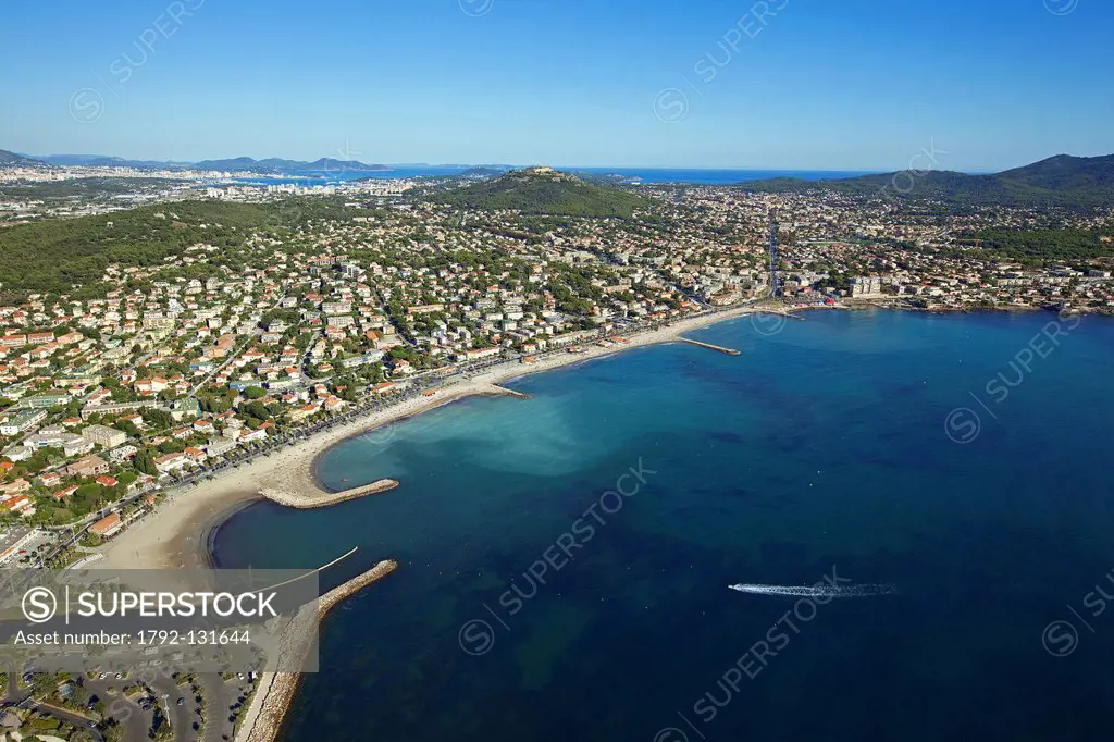 France, Var, Sanary sur Mer, in the background Bonne Grace Beach and Six Fours les Plages, Toulon harbour aerial view
