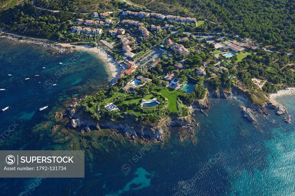 France, Var, Ramatuelle, Saint Tropez peninsula, Cap Camarat tip on good ground aerial view