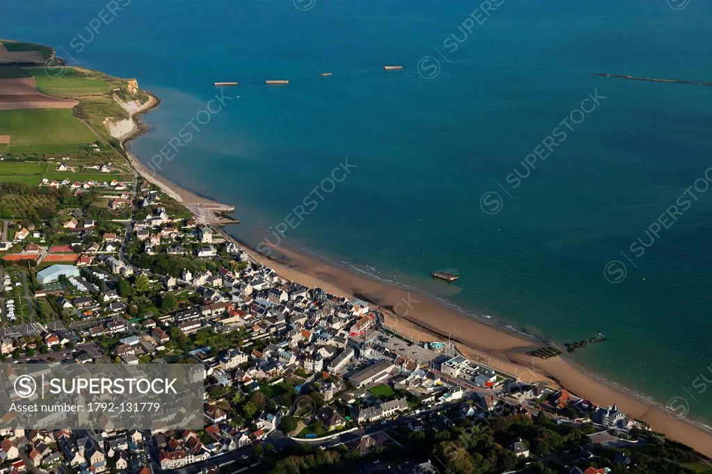 France, Calvados, Arromanches les Bains, Mulberries remains of Port Winston in the background aerial view