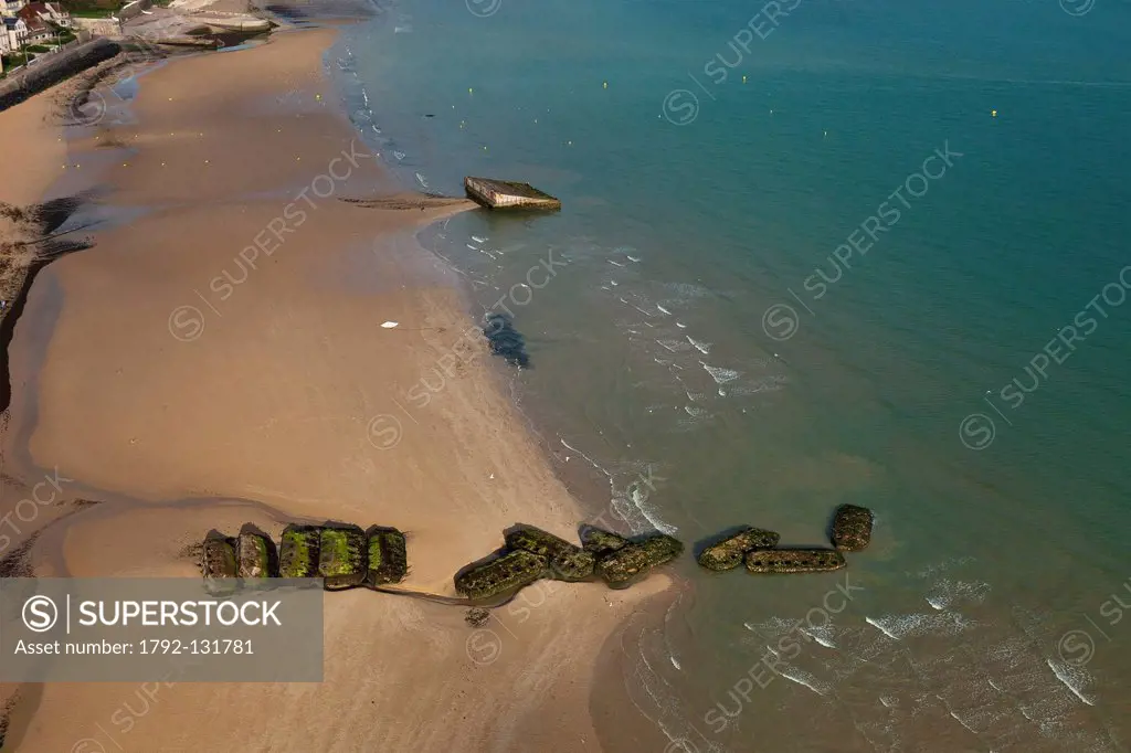 France, Calvados, Arromanches les Bains, Mulberries remains of Port Winston aerial view