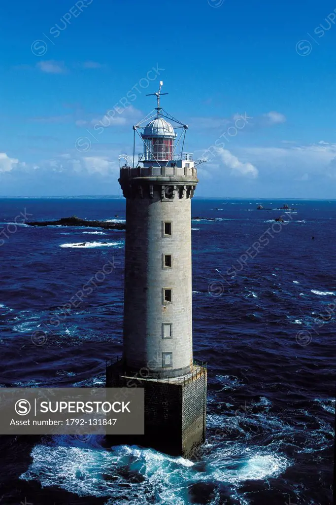France, Finistere, Iroise Sea, Iles du Ponant, Parc Naturel Regional d´Armorique Armorica Regional Natural Park, Ile d´Ouessant, Kereon Lighthouse aer...