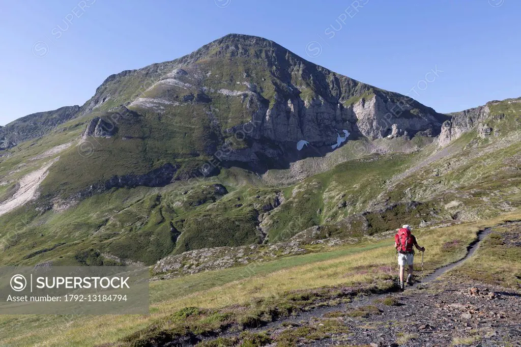 France, Ariege, Sentein, Biros valley, hiker on the GR10 near the Serre d'Araing and Serre Haute peak