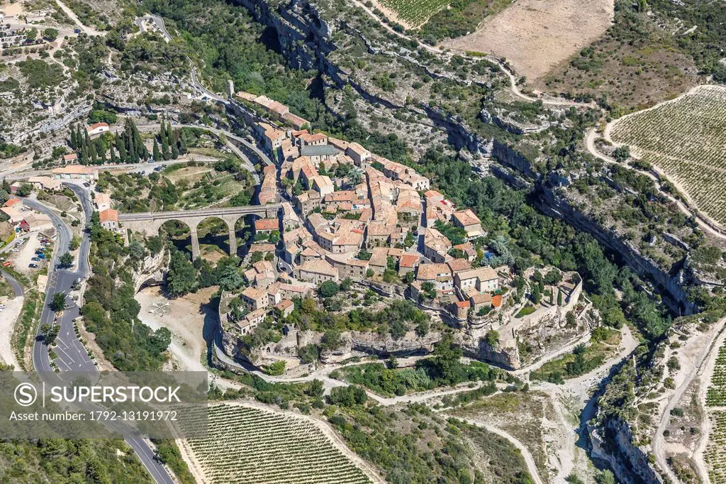 France, Herault, Minerve, labelled Les Plus Beaux Villages de France (The Most Beautiful Villages of France), the village (aerial view)