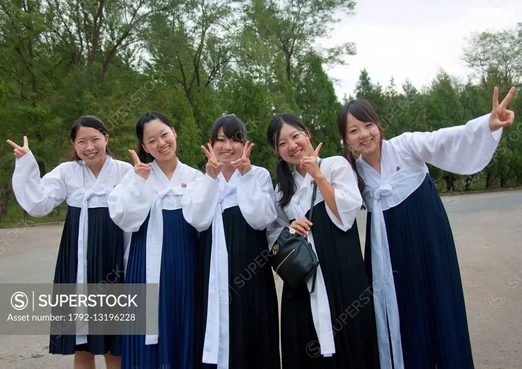 North Korea, Haeso Region, Kaesong, Group Of Japanese Girls In Traditional Clothing