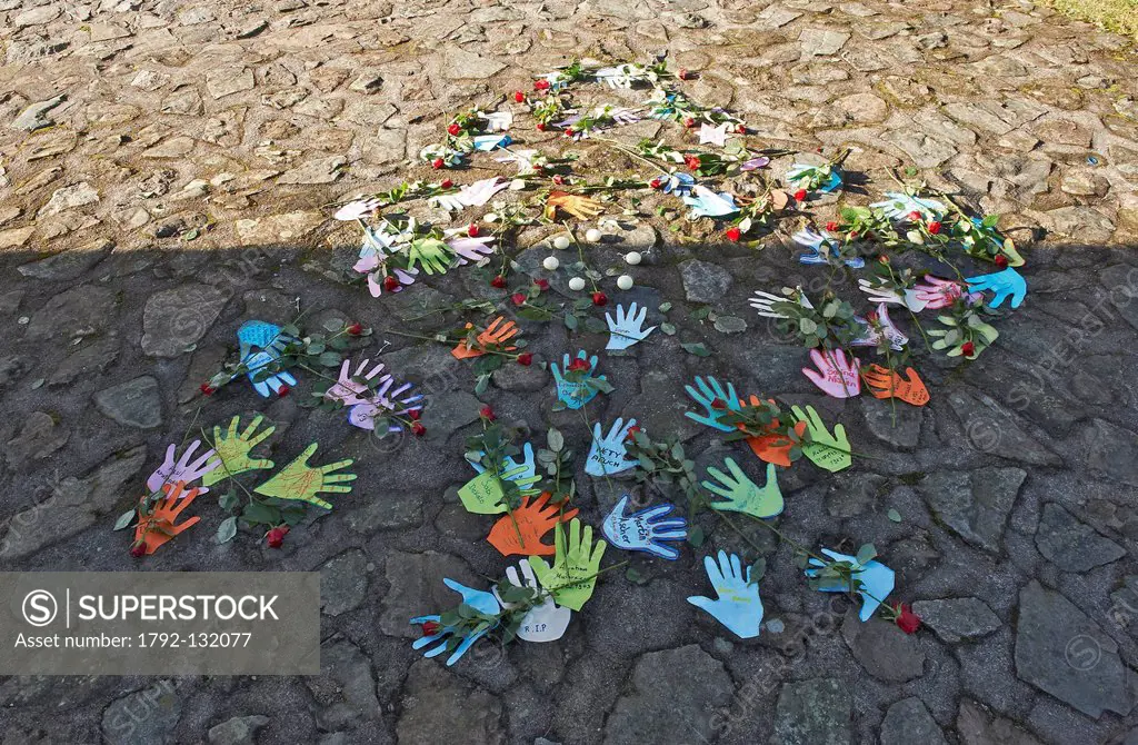 France, Bas Rhin, Natzwiller, Struthof KL Natzwiller Camp and the European Centre of Deported Resistance Members, Paper hands and flowers in memory of...