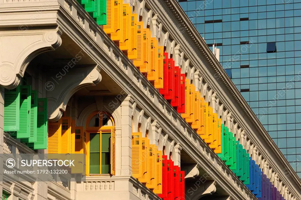 Singapore, city center, Singapore River, colorful shutters of the Old Hill Street police station , currently houses the Ministry of Information, Commu...