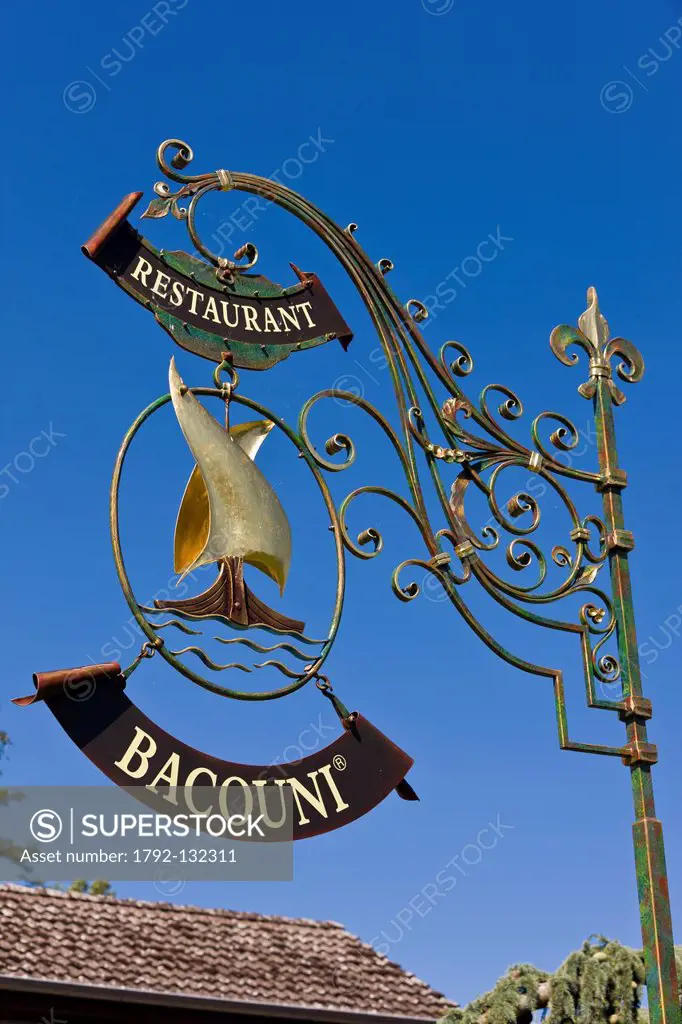 France, Haute Savoie, Le Chablais, Yvoire, labeled Les Plus Beaux Villages de France the Most Beautiful Villages of France, sign of Bacouni restaurant