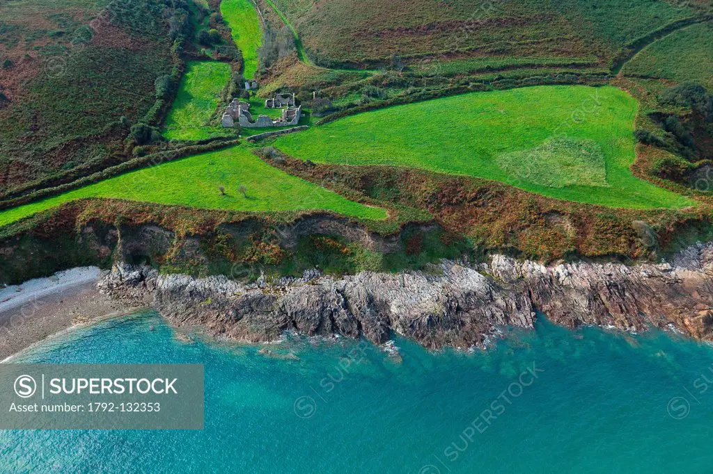 France, Manche, Omonville la Rogue, closes the Cotentin, ruins of a large farm on the coastal path, consolidated by the Coastal Protection aerial view