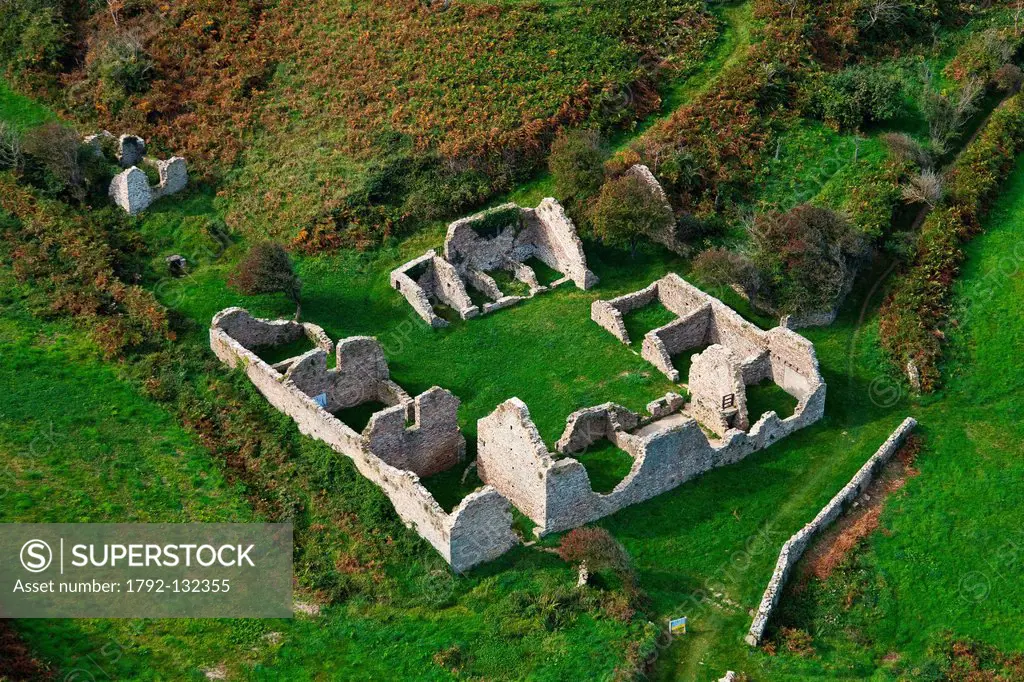 France, Manche, Omonville la Rogue, closes the Cotentin, ruins of a large farm on the coastal path, consolidated by the Coastal Protection aerial view