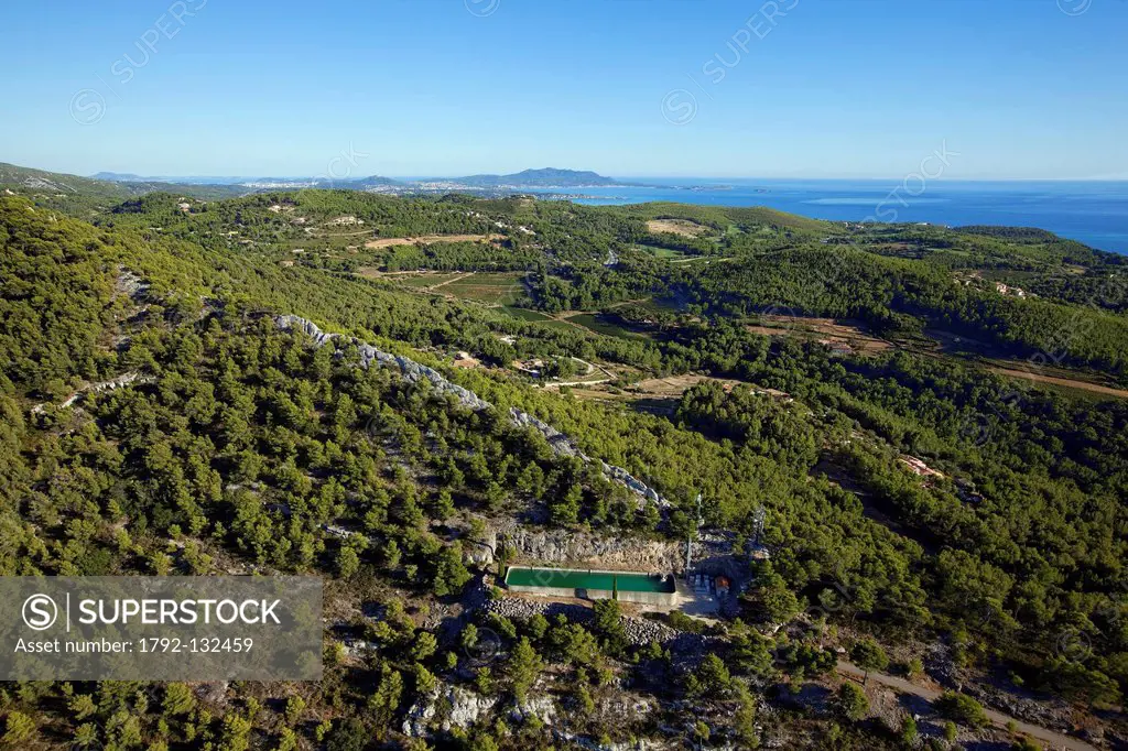 France, Var, between Saint Cyr sur Mer and Bandol, Canal de Provence, Rampal Water tank, Cap Sicie in the background aerial view