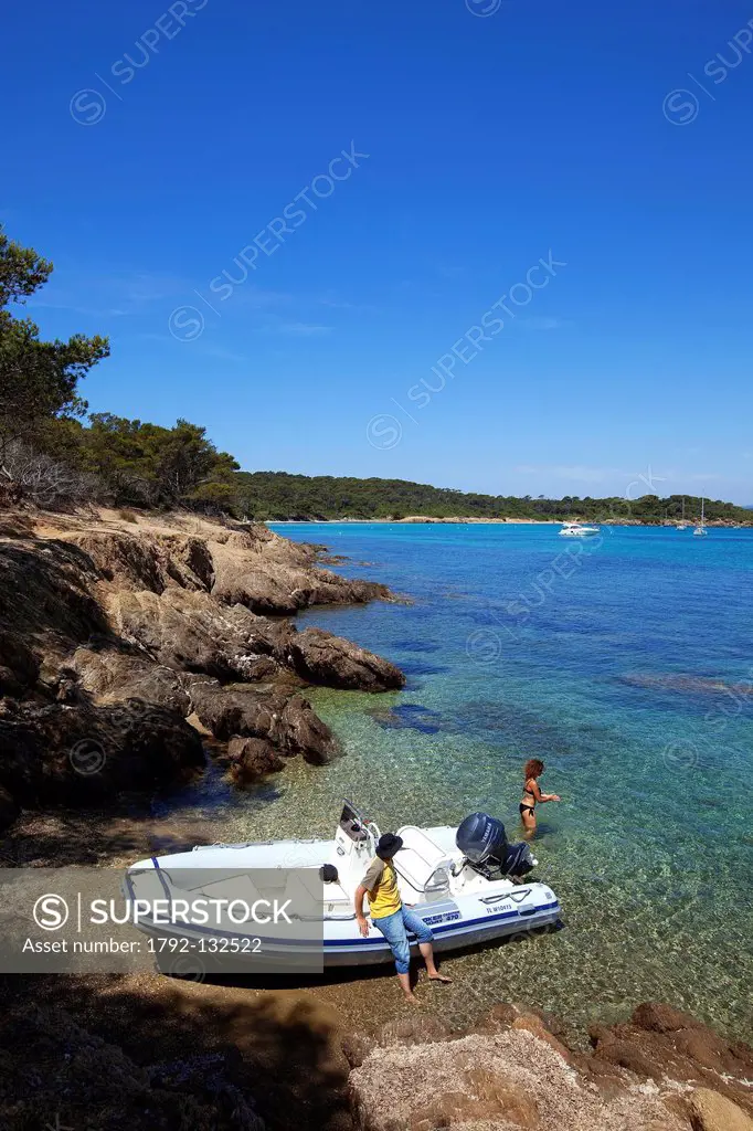 France, Var, Iles d´Hyeres, National Park of Port Cros, Porquerolles island, near Silver beach, semirigid navigation