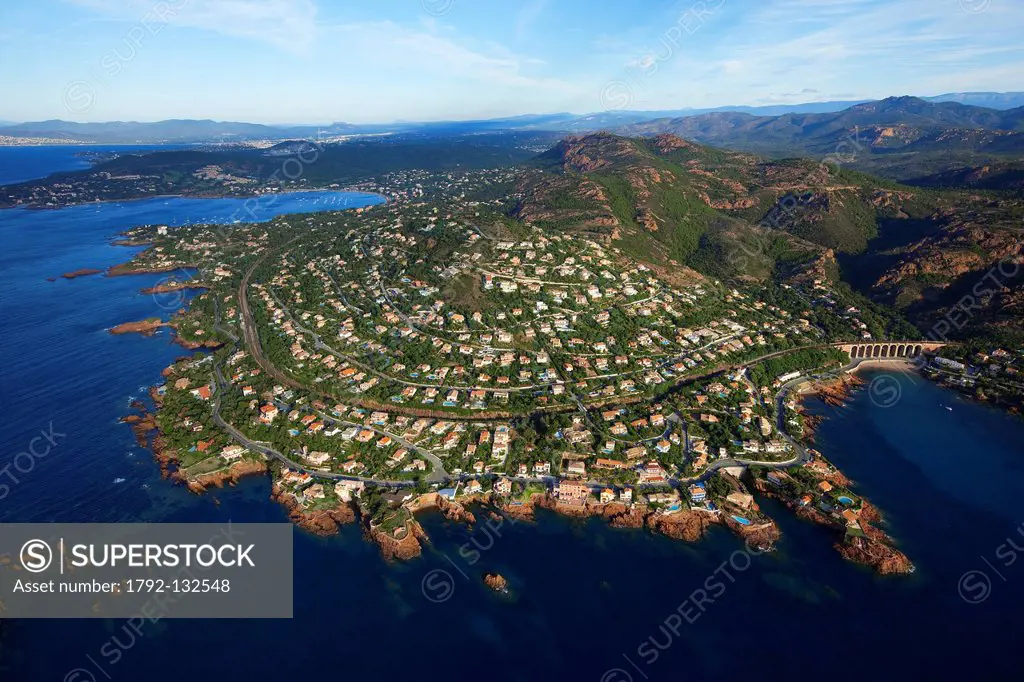 France, Var, Esterel, Saint Raphael, antheor, antheor inlet of the Rade d´Agay in the background aerial view
